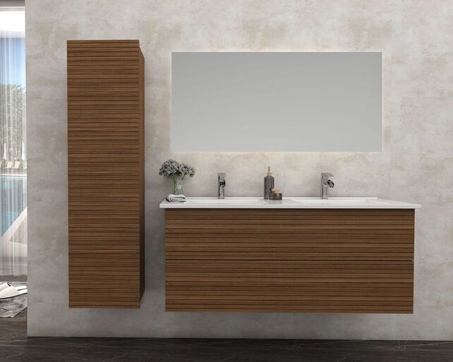 Wastafelonderkast Ribbelfront Elite Walnoot 120cm Greeploos lades met horizontale reliëf