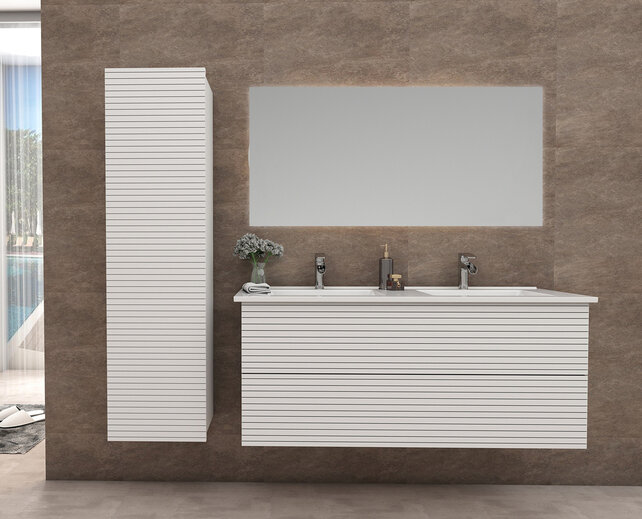 Wastafelonderkast Ribbelfront Elite Mat Wit 120cm Greeploos lades met horizontale reliëf