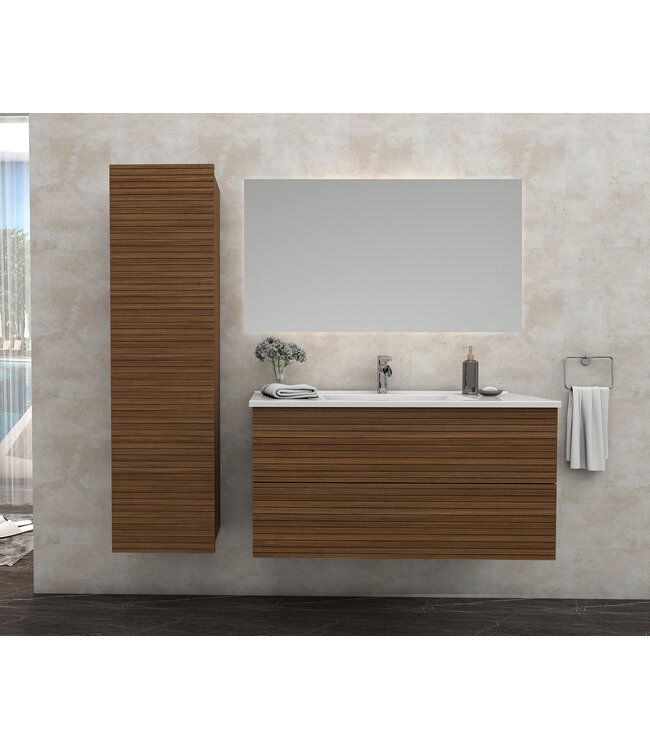 Badkamerkast Ribbelfront Elite Walnoot 160cm 2 Greeploos deuren Softclose