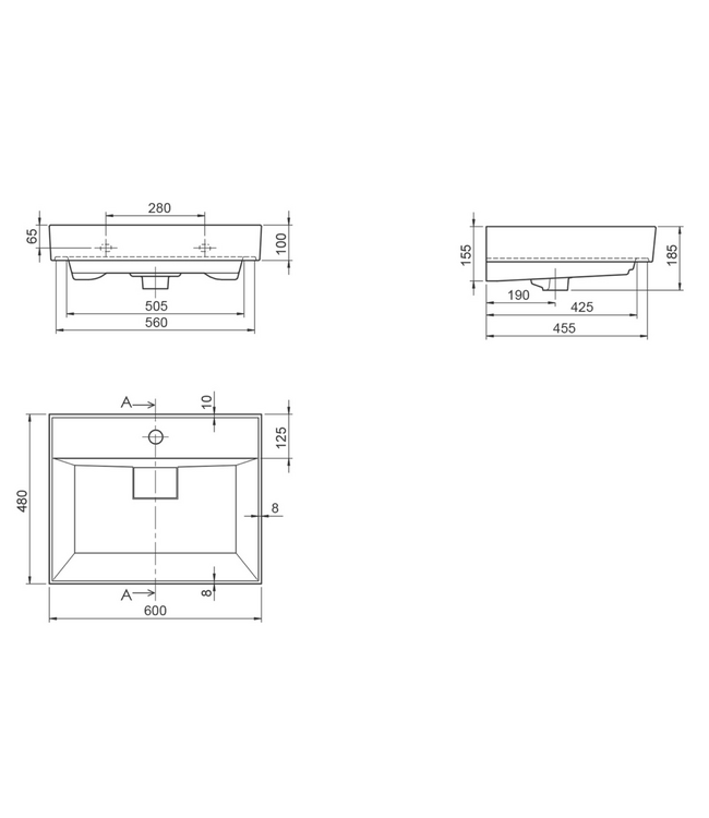 ALONI Aloni Keramische Wastafel 60x48x10 cm Sharp  Glans Wit met kraangat