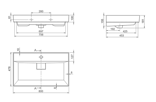 Aloni Keramische Wastafel 80x48x10 cm Sharp  Glans Wit met kraangat