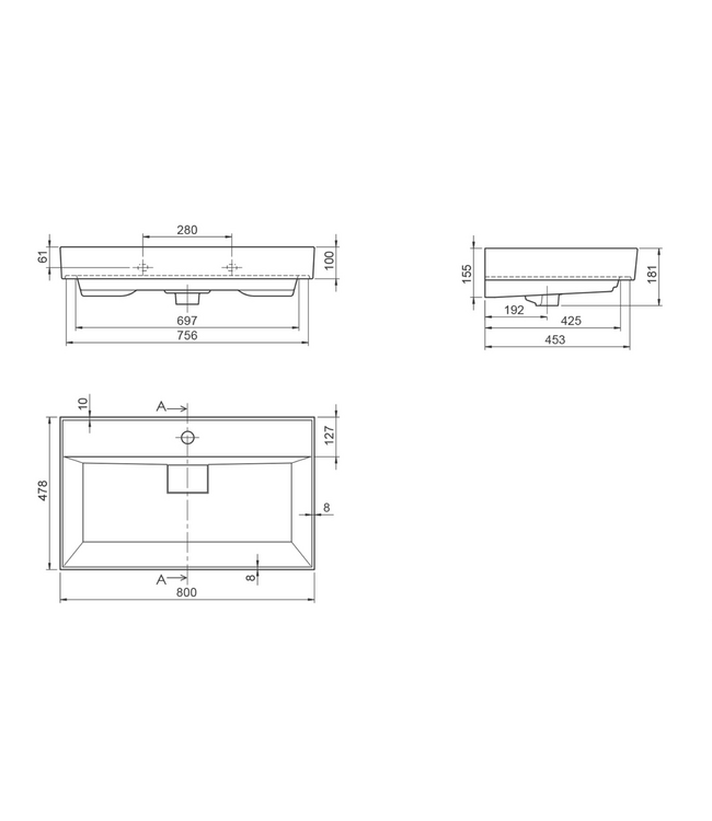 Aloni Keramische Wastafel 80x48x10 cm Sharp  Glans Wit met kraangat