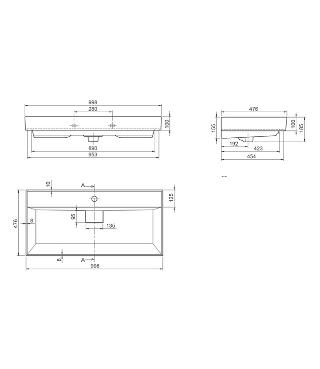 Aloni Keramische Wastafel 80x48x10 cm Sharp  Glans Wit met kraangat