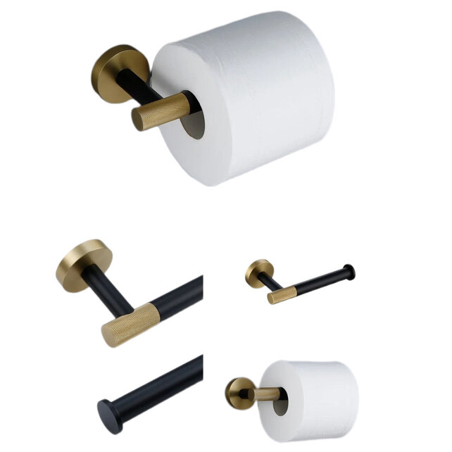 Toilet Accessoires set Ribbed Lux Zwart & Goud Toiletborstelhouder Reserverolhouder Toiletrolhouder  handdoekhaak