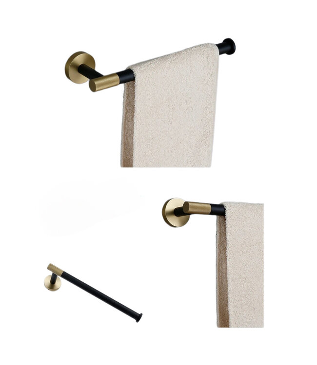 Toilet Accessoires set Ribbed Lux Zwart & Goud Toiletborstelhouder Reserverolhouder Toiletrolhouder  handdoekhaak
