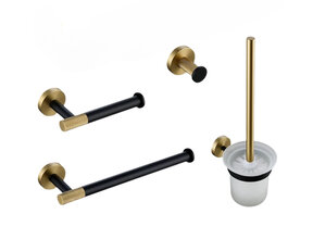 Toilet Accessoires set Ribbed Lux Zwart & Goud Toiletborstelhouder Reserverolhouder Toiletrolhouder  handdoekhaak