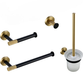 Toilet Accessoires set Ribbed Lux Zwart & Goud Toiletborstelhouder Reserverolhouder Toiletrolhouder  handdoekhaak