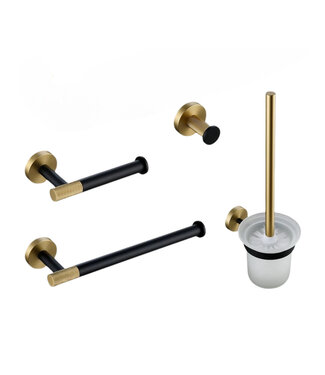 Toilet Accessoires set Ribbed Lux Zwart & Goud Toiletborstelhouder Reserverolhouder Toiletrolhouder  handdoekhaak