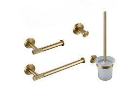 Toilet Accessoires set Ribbed Lux Geborsteld Goud Toiletborstelhouder Reserverolhouder Toiletrolhouder handdoekhaak