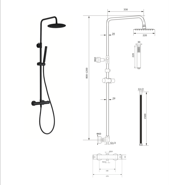 Opbouw Regendoucheset Donna Rond Mat Zwart Regendouche 20cm Thermostaatkraan Glijstang Handdouche
