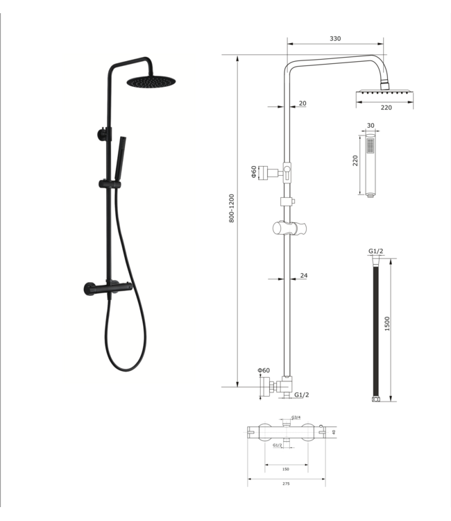ALONI Opbouw Regendoucheset Donna Rond Mat Zwart Regendouche 20cm Thermostaatkraan Glijstang Handdouche