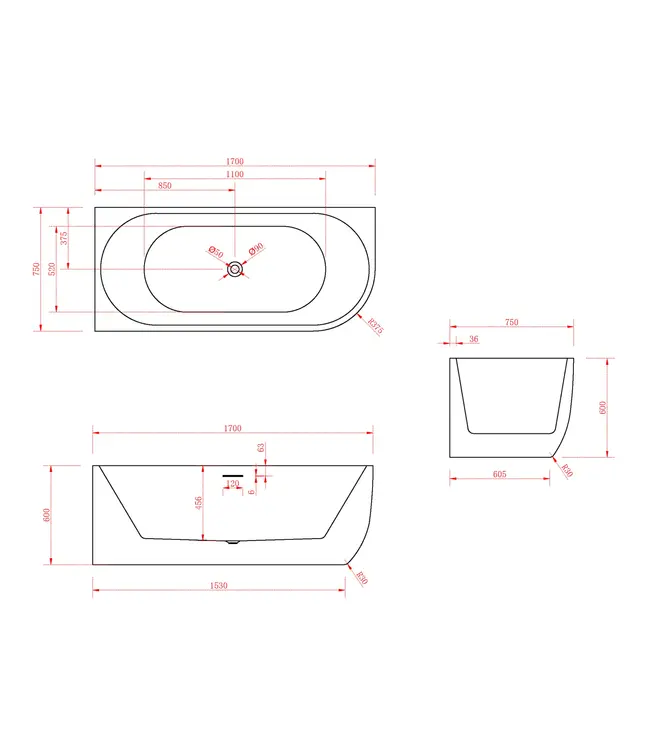 FABRIECIO Half vrijstaand bad Links Mat Wit 170x75x60 cm Göteborg