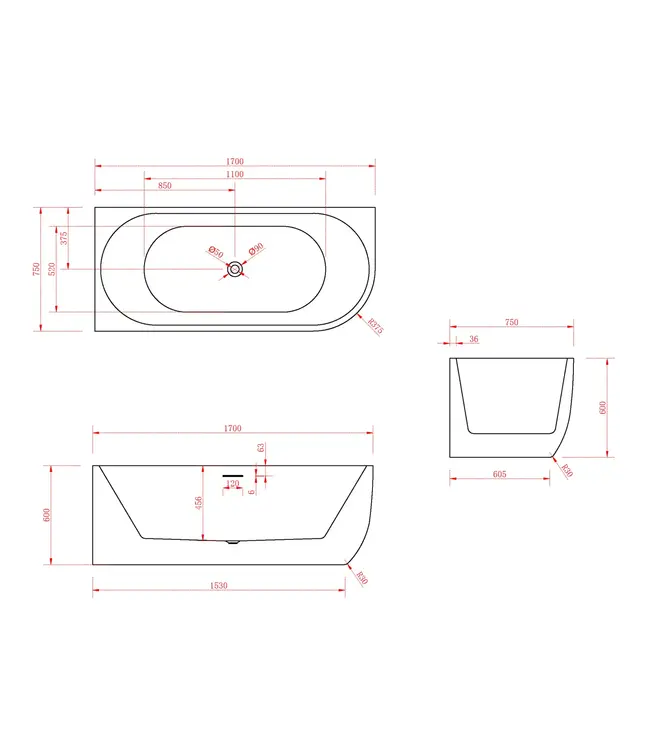 FABRIECIO Half vrijstaand bad Links Wit 170x75x60 cm Göteborg