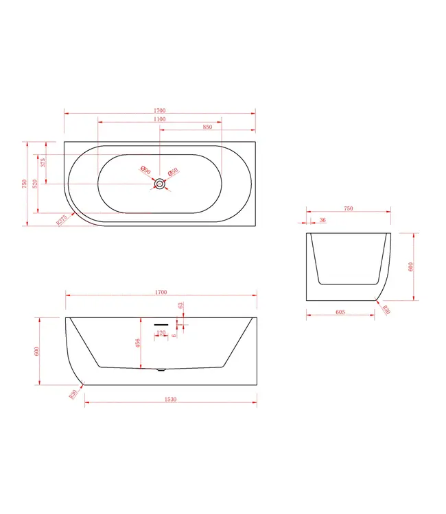 Half vrijstaand bad Rechts Wit 170x75x60 cm Göteborg