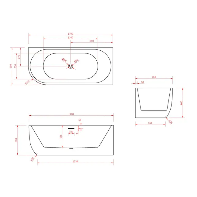 Half vrijstaand bad Rechts Mat Wit 170x75x60 cm Göteborg
