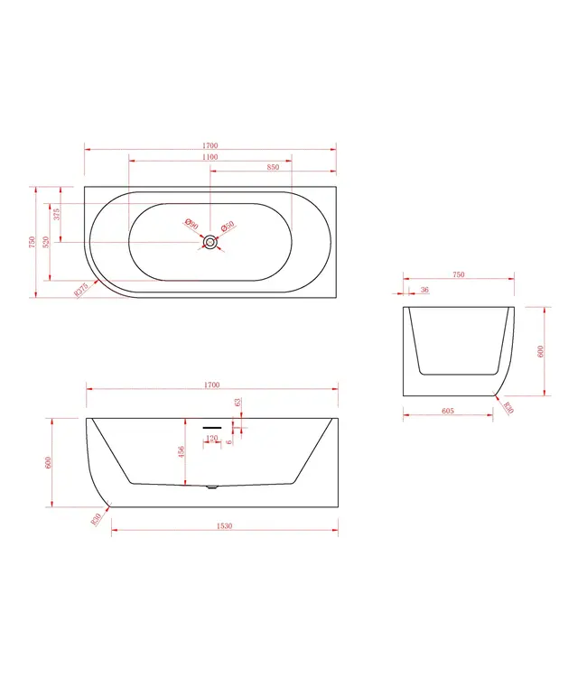 FABRIECIO Half vrijstaand bad Rechts Mat Wit 170x75x60 cm Göteborg