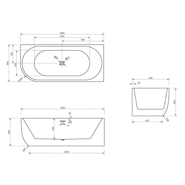 Half vrijstaand bad Rechts Mat Wit 180x80x60 cm Göteborg