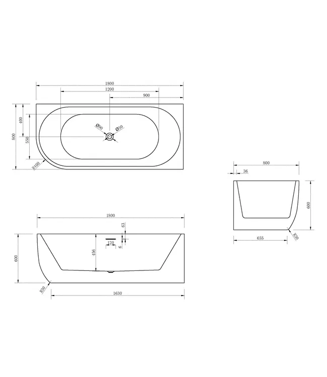 FABRIECIO Half vrijstaand bad Rechts Mat Wit 180x80x60 cm Göteborg