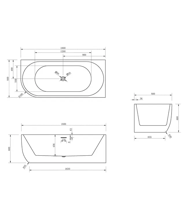 Half vrijstaand bad Rechts Wit 180x80x60 cm Göteborg
