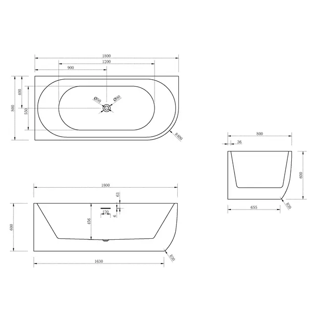Half vrijstaand bad Links Wit 180x80x60 cm Göteborg Half vrijstaand bad Links Wit 180x80x60 cm Göteborg