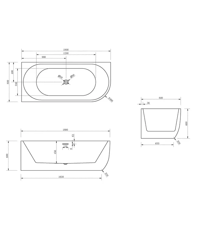 FABRIECIO Half vrijstaand bad Links Mat Wit 180x80x60 cm Göteborg