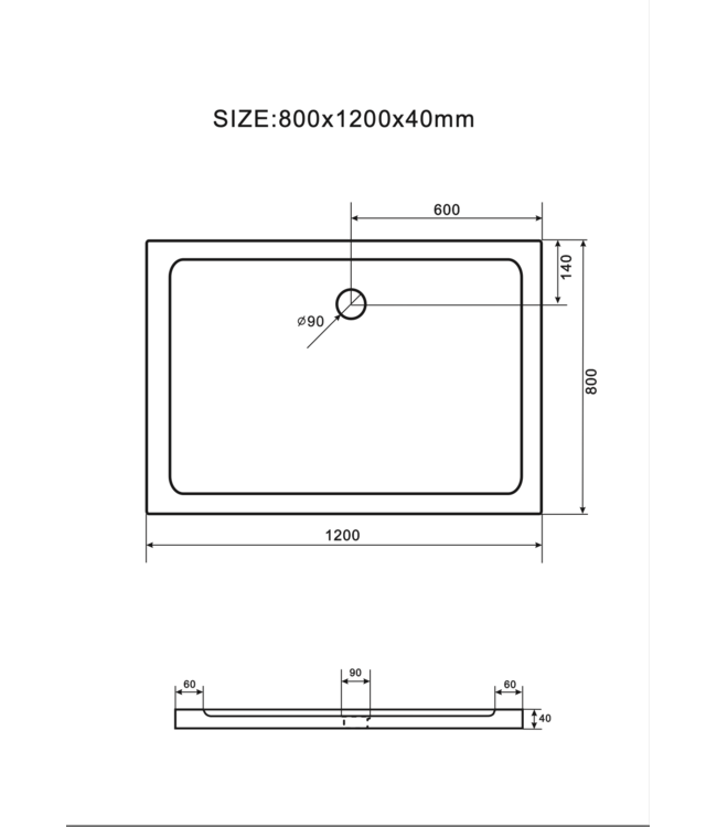 Douchebak Glossy 120x80x3cm Acryl Wit Rechthoekig Creavit Aloni Vlak laag