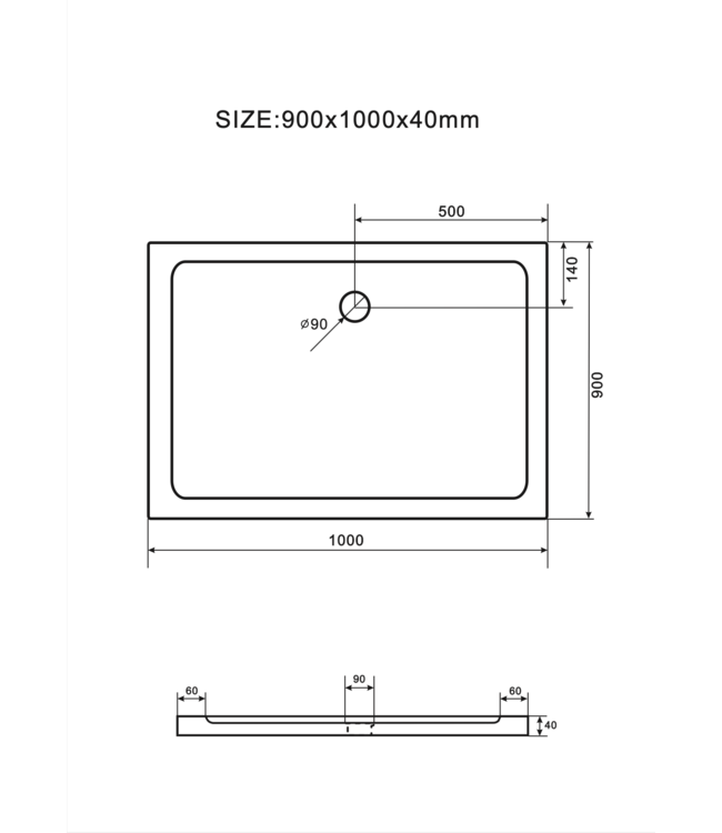 Douchebak Glossy 100x90x4cm Acryl Wit Creavit Aloni rechthoekig Vlak laag