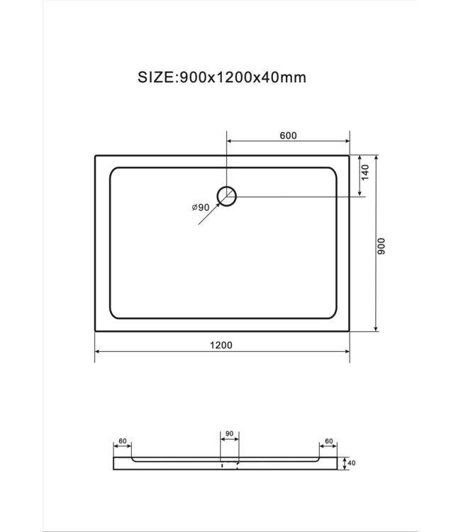 Douchebak Glossy 120x90x4cm Acryl Wit Vlak Creavit Aloni Rechthoekig