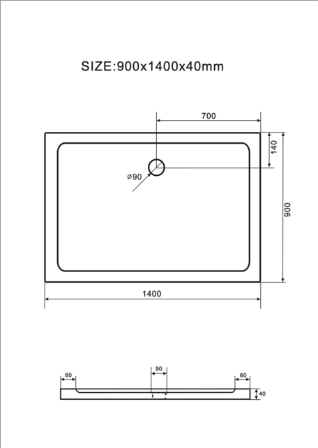 Douchebak Glossy 140x90x3cm Acryl Vlak Rechthoekig Wit Creavit Aloni