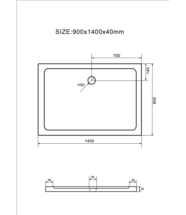 CREAVIT Douchebak Glossy 140x90x3cm Acryl Vlak Rechthoekig Wit Creavit Aloni