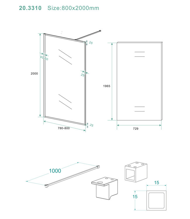 Wiesbaden Inloopdouche Square Mat Zwart 80x200cm 10 mm Veiligheidsglas Helderglas met Nano-coating