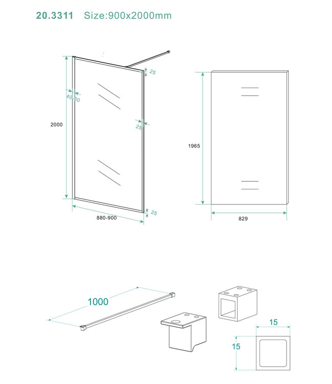 Inloopdouche Square Mat Zwart 90x200cm 10 mm Veiligheidsglas Helderglas met Nano-coating