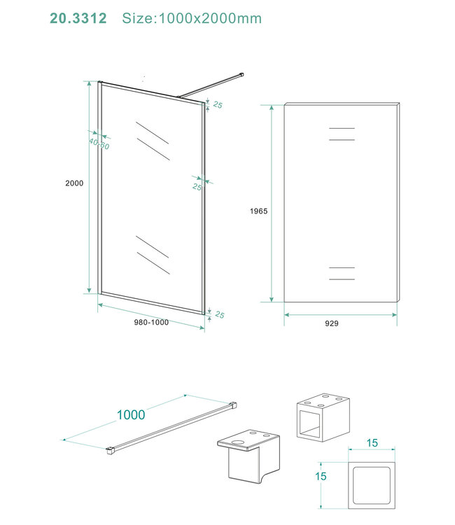 Inloopdouche Square Mat Zwart 100x200cm 10 mm Veiligheidsglas Helderglas met Nano-coating