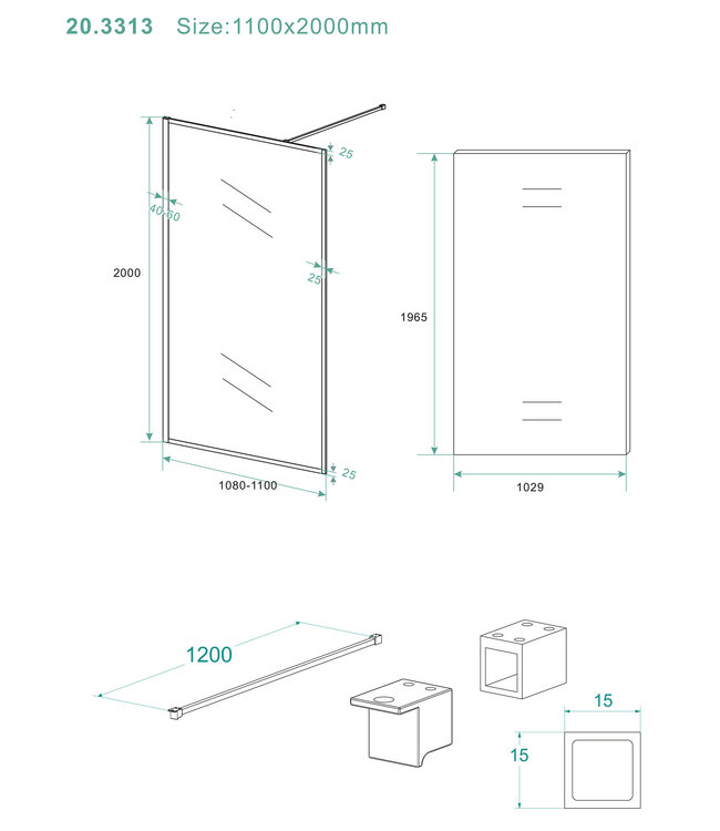 Inloopdouche Square Mat Zwart 110x200cm 10 mm Veiligheidsglas Helderglas met Nano-coating