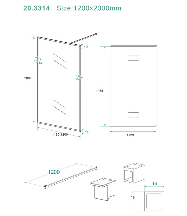 Inloopdouche Square Mat Zwart 120x200cm 10 mm Veiligheidsglas Helderglas met Nano-coating