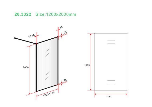 Inloopdouche Square Geribbeld glas Mat Zwart 120x200cm 8 mm Veiligheidsglas met Nano-coating