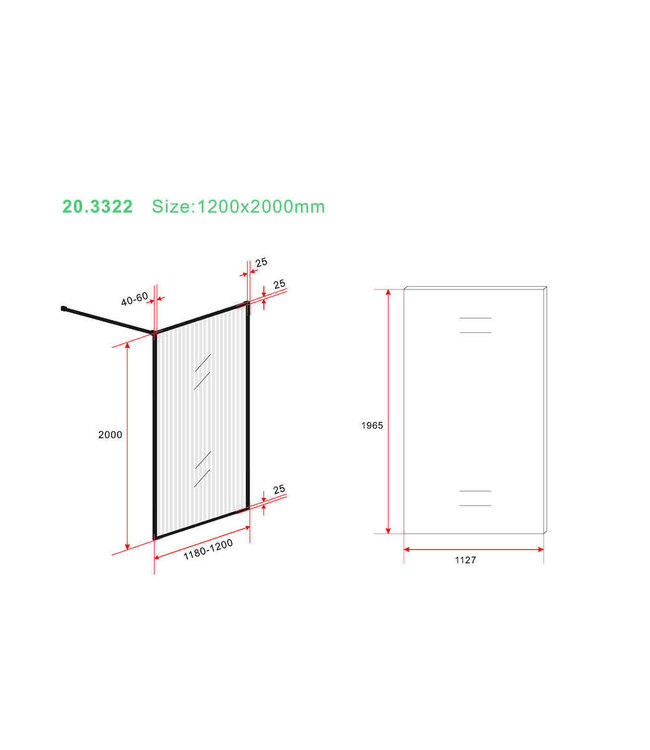 Inloopdouche Square Geribbeld glas Mat Zwart 120x200cm 8 mm Veiligheidsglas met Nano-coating