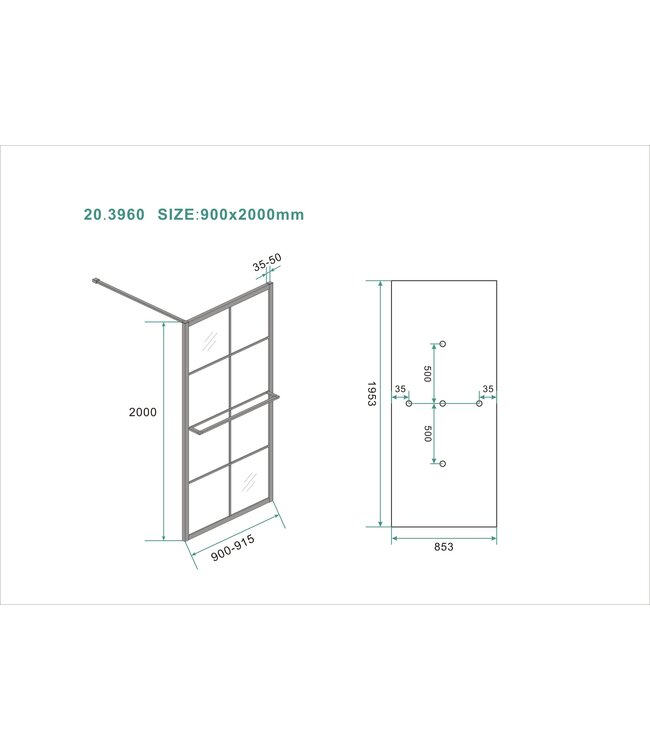 Inloopdouche Maaz Raster met handdoekhouder 90x200cm Mat Zwart 10 mm veiligheidsglas Anti-kalk