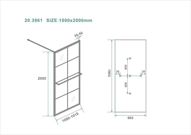 Inloopdouche Maaz Raster met handdoekhouder 100x200cm Mat Zwart 10 mm veiligheidsglas Anti-kalk