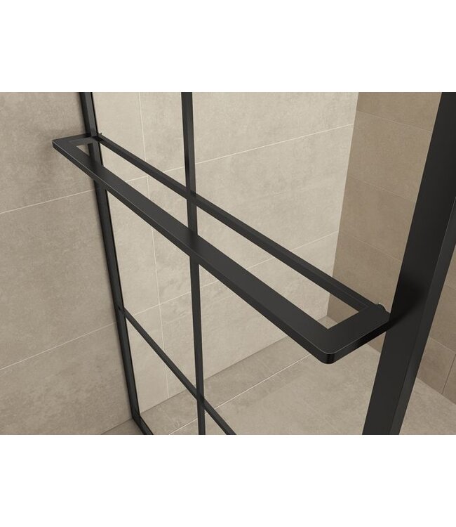 Wiesbaden Inloopdouche Maaz Raster met handdoekhouder 120x200cm Mat Zwart 10 mm veiligheidsglas Anti-kalk