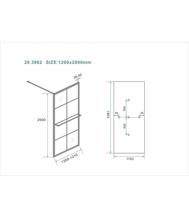 Inloopdouche Maaz Raster met handdoekhouder 120x200cm Mat Zwart 10 mm veiligheidsglas Anti-kalk