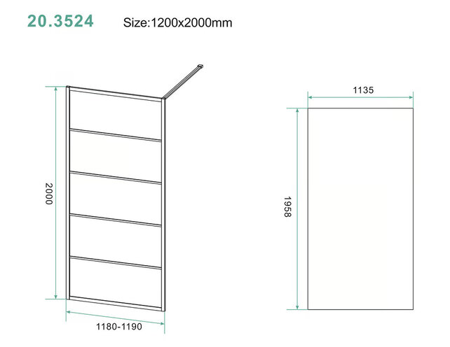 Inloopdouche Horizon met Raster 120x200cm Mat Zwart 8 mm veiligheidsglas Anti-kalk