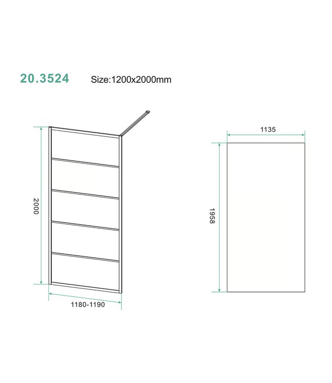Wiesbaden Inloopdouche Horizon met Raster 120x200cm Mat Zwart 8 mm veiligheidsglas Anti-kalk