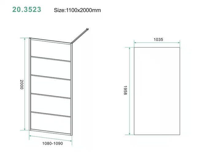 Inloopdouche Horizon met Raster 110x200cm Mat Zwart 8 mm veiligheidsglas Anti-kalk