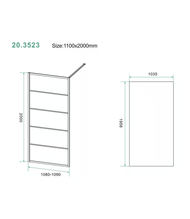 Wiesbaden Inloopdouche Horizon met Raster 110x200cm Mat Zwart 8 mm veiligheidsglas Anti-kalk