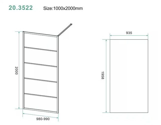 Inloopdouche Horizon met Raster 100x200cm Mat Zwart 8 mm veiligheidsglas Anti-kalk