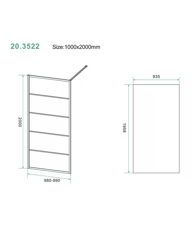 Inloopdouche Horizon met Raster 100x200cm Mat Zwart 8 mm veiligheidsglas Anti-kalk