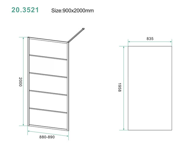 Inloopdouche Horizon met Raster 90x200cm Mat Zwart 8 mm veiligheidsglas Anti-kalk