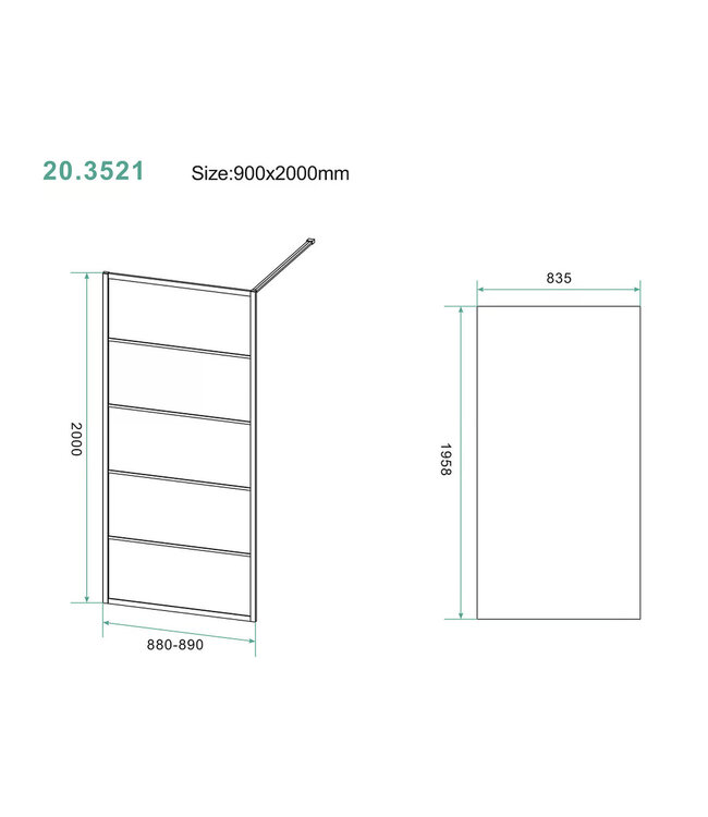 Inloopdouche Horizon met Raster 90x200cm Mat Zwart 8 mm veiligheidsglas Anti-kalk