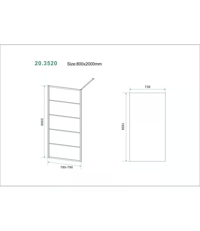 Inloopdouche Horizon met Raster 80x200cm Mat Zwart 8 mm veiligheidsglas Anti-kalk